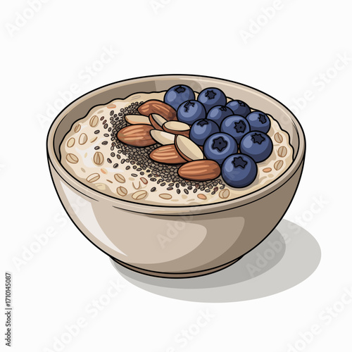 Oatmeal Bowl with Blueberries Almonds and Chia Seeds Vector