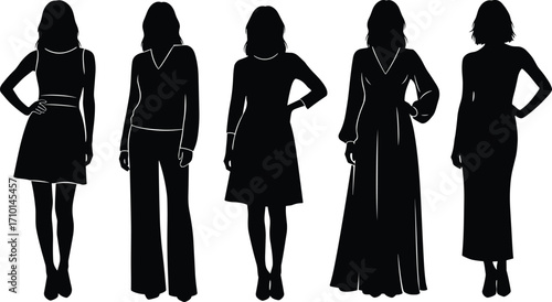 Silhouettes of elegant women in fashionable dresses and outfits, standing poses, stylish female figures, fashion silhouettes, modern women models, chic clothing, posing confidently