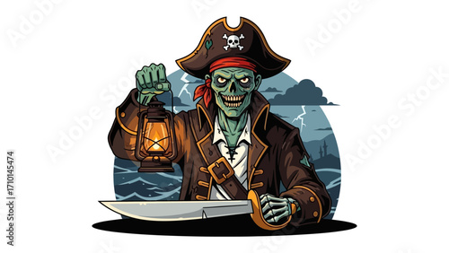 Animated Pirate with Lantern: A digitally rendered, captivating image of a zombie pirate, ready for adventure holding a lantern and sword, evokes the thrill of seafaring tales.