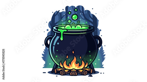 Boiling Cauldron Illustration: A vibrant illustration depicting a cauldron bubbling with mystical, green liquid over a blazing fire in a haunting forest setting.