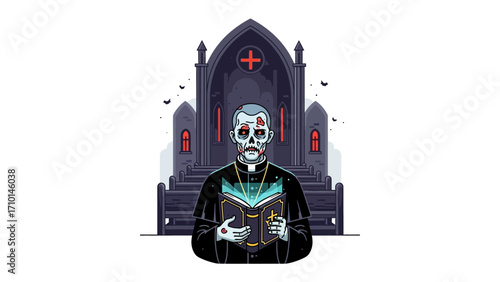 Sinister sermon at church: A ghostly figure of a priest in front of a gothic church, immersed in shadows. The image conveys a sense of the macabre, spiritual unease, dark, and the unknown.
