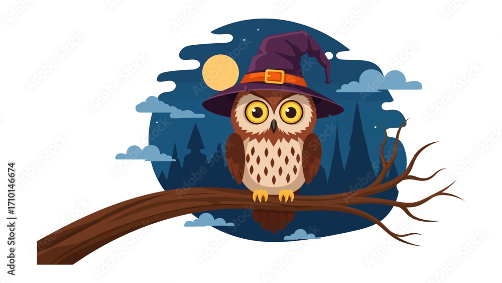 Naklejka premium Owl in Witch Hat: A whimsical illustration portrays a wise owl, donned in a pointed witch's hat, perched serenely on a branch against a magical, moonlit forest backdrop.