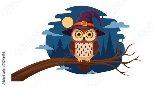 Owl in Witch Hat: A whimsical illustration portrays a wise owl, donned in a pointed witch's hat, perched serenely on a branch against a magical, moonlit forest backdrop.