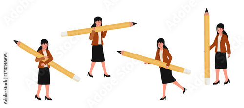 Woman carrying oversized pencils in various poses, showcasing creativity and fun in an artistic environment during daytime