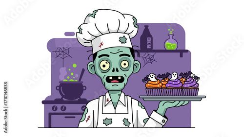 Zombie Chef's Spooky Treats: An illustrated zombie chef proudly presents a tray of freshly baked Halloween cupcakes, conjuring a fun and eerie vibe for the season!