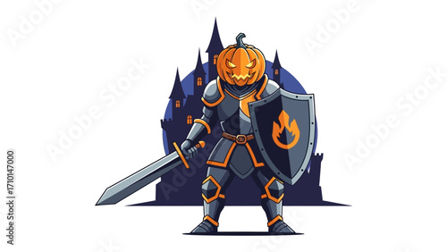 Halloween Knight: A brave knight with a pumpkin for a head stands ready for Halloween night, clad in shining armor and a castle background.