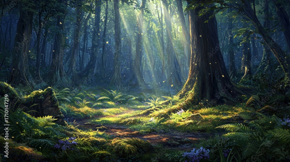Obraz premium Sunbeams illuminate a magical forest path.