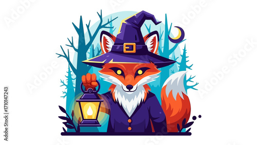 Witch Fox and Lantern: A whimsical illustration portrays a charming fox dressed as a witch, holding a glowing lantern in a mystical forest setting.