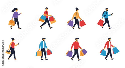 People carrying shopping bags walking a diverse group enjoying retail therapy