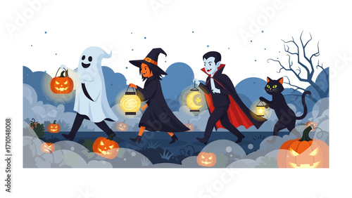 Halloween Parade: A delightful illustration capturing the essence of Halloween with a spectral ghost, a charming witch, and a mysterious vampire leading a merry parade, each bearing a lantern.