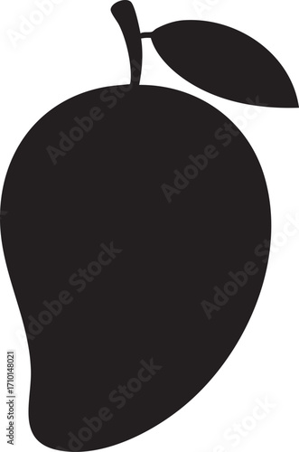 Black Silhouette of a Ripe Mango with a Leaf - Vector Graphic Illustration