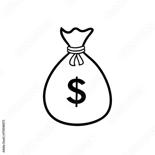 Outline drawing of a money bag with a sign on transparent background