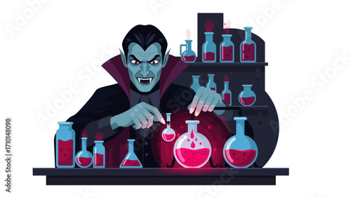 Vampire's Laboratory: A sinister vampire in his laboratory, illuminated by eerie red potions, crafting sinister concoctions and casting an unsettling shadow.
