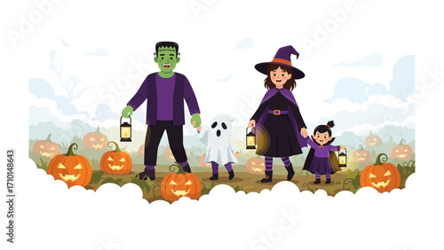 Halloween Family in Costume: A whimsical Halloween illustration of a family, all dressed in costumes, happily posing in a festive scene with pumpkins and a friendly ghost.