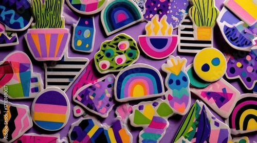 A whimsical collection of colorful paper cutouts featuring playful designs of plants, rainbows, and abstract shapes on a purple background