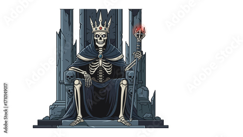 The Grim Monarch: A skeletal figure clad in regal attire sits upon an ancient throne, exuding an aura of haunting majesty and eternal rule, and a symbol of the passage of time. 