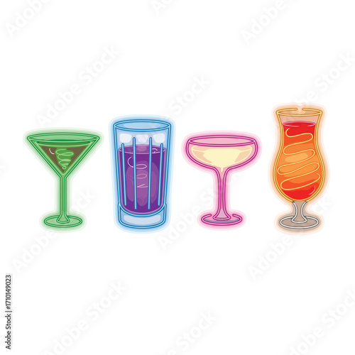 Four colorful neon cocktail glasses illustration on white background.