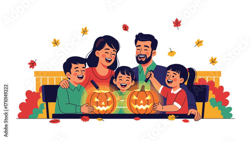 Family Joy on Halloween: A cheerful family gathers in the festive ambiance of Halloween, engaged in the creative carving of glowing jack-o'-lanterns. The scene captures the playful spirit of autumn.