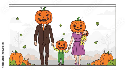 Spooky Family: A creative Halloween illustration featuring a family with pumpkin heads, embodying the spirit of autumnal celebrations and seasonal fun. 