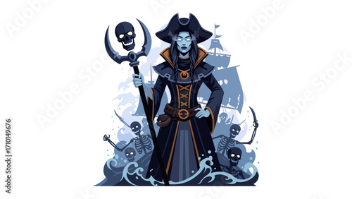 Mystic Pirate and Her Skeleton Crew: A mystical pirate captain commands her skeletal crew against a backdrop of stormy seas and a ghostly galleon, a scene of fantasy and adventure.