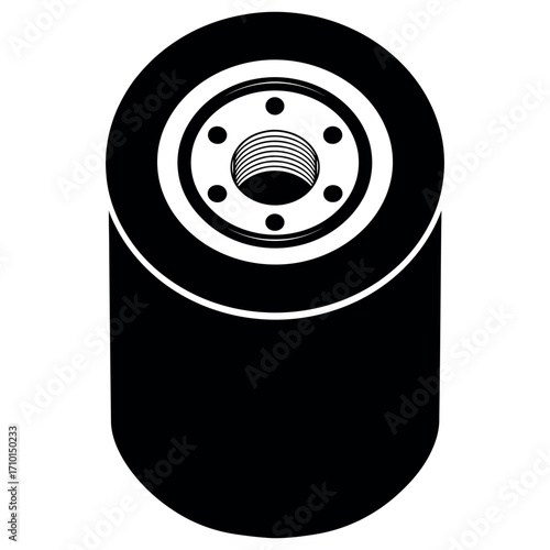 Compact black silhouette of a car oil filter isolated on white background