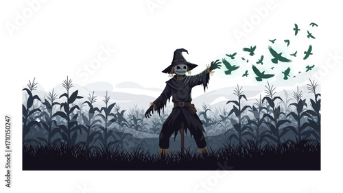 Scarecrow Amidst the Cornfield: A fantastical scarecrow stands proudly amidst a cornfield, with crows escaping from his arm. This captivating illustration.