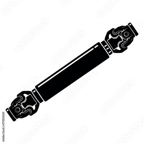 Long cylindrical driveshaft silhouette with universal joints isolated on white background