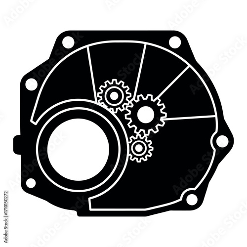 Bold black silhouette of a car gearbox housing with gear outlines isolated on white background