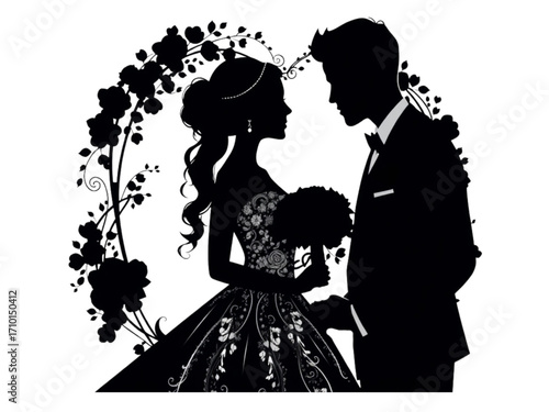 A Romantic Vector Silhouette of a Bride and Groom within a Beautifully Crafted Floral Circle, Ideal for Wedding-Themed Projects.