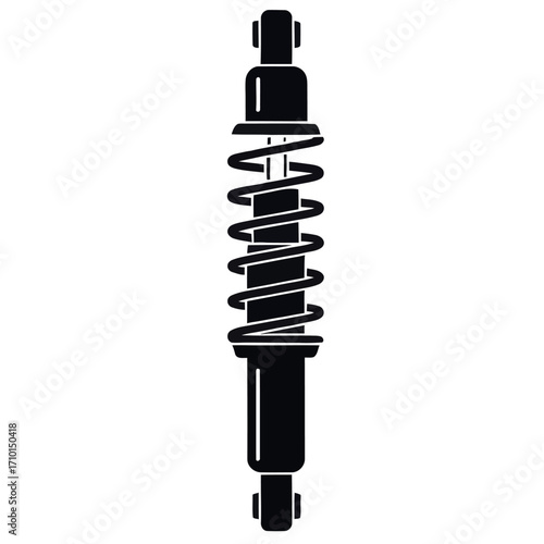Black silhouette of a car shock absorber with coil spring isolated on white background