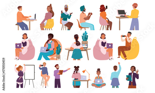 A Variety of Individuals Involved in Remote Work Activities from Various Locations and Backgrounds