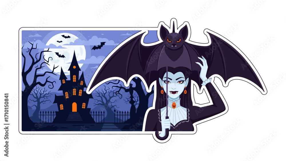 Fototapeta premium Enchanting Halloween Illustration: A bewitching illustration features a mysterious woman with an umbrella and a gothic mansion, all set under the spell of a Halloween night.