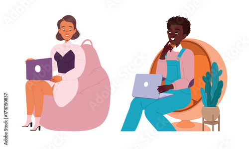 Stylish Young Professionals Engaged in Remote Work While Embracing Cozy and Inviting Settings