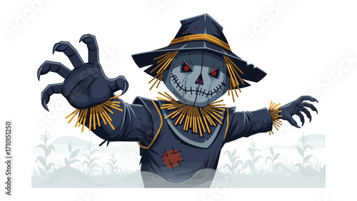 Menacing Scarecrow: A sinister-looking scarecrow with a chillingly stitched face and a threatening pose, evoking the spooky atmosphere of autumn and harvest.