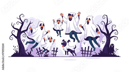 Spirited Specters: A whimsical illustration captures a jovial gathering of individuals in spectral attire, engaging in animated jumps with a canine companion in the backdrop.