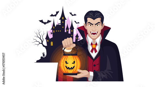 Vampire Holding Jack-o'-Lantern: A classic, menacing vampire with an eerie, jack-o'-lantern lights up the darkness, a thrilling scene perfect for Halloween. 