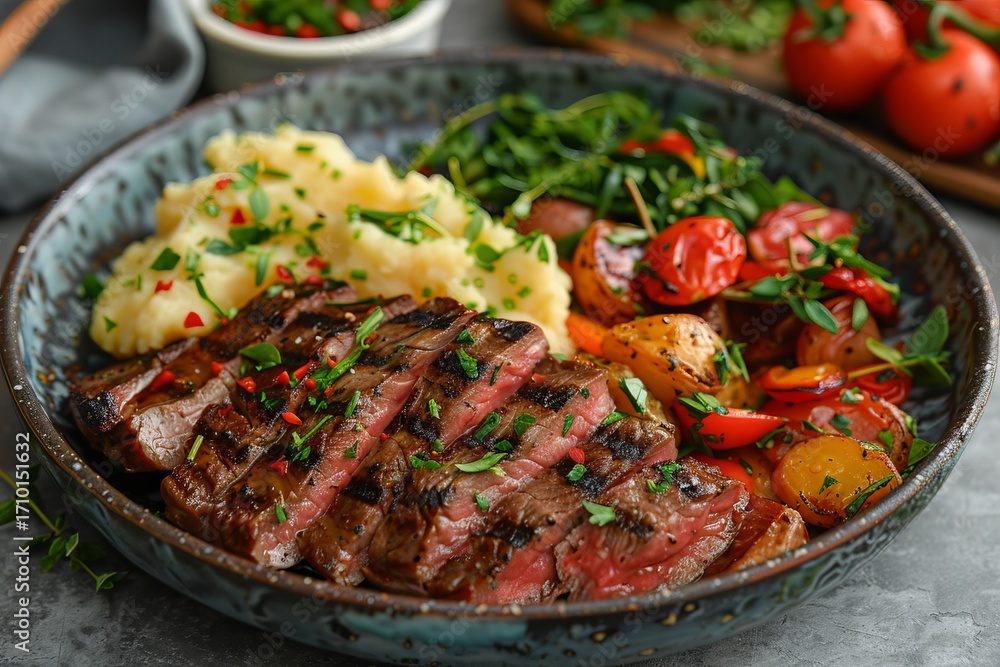 Sliced grilled steak with mashed potatoes and roasted vegetables Sliced grilled steak with mashed potatoes and roasted vegetables