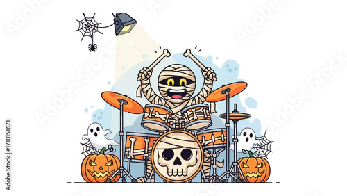 Spooky Drummer’s Halloween Rhapsody: A cheerful mummy drummer rocks out on Halloween night, accompanied by playful pumpkins, specters, and a cobweb.