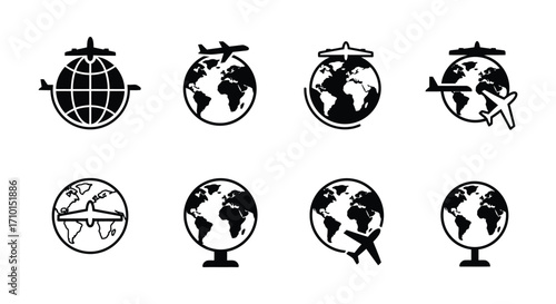 Various black and white icons depicting airplanes around the globe
