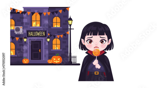 Spooky Girl with Lollipop: A young girl, dressed in a costume, gazes pensively at a lollipop against the backdrop of a festive Halloween haunted house scene. This image conveys a sense of wonder.