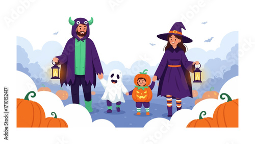 Spirited Halloween Family Portrait: A joyful family, adorned in whimsical costumes, embodies the spirit of Halloween as they gather together in a charming outdoor scene decorated with pumpkins.