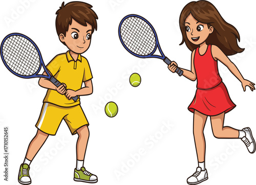 Animated tennis players in action, male and female characters with rackets and balls, dynamic sports vector for teamwork and fitness themes
