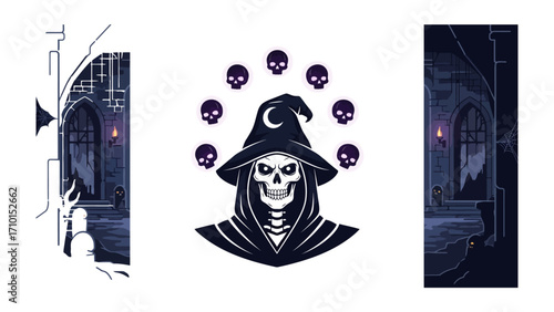 Mysterious Silhouette: An enigmatic silhouette, adorned with a crescent moon, stands at the heart of the arcane. surrounded by a macabre halo of skulls, as ominous Gothic structures frame the scene.