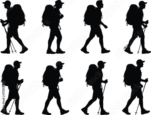 Silhouettes of hikers walking with backpacks and trekking poles, outdoor hiking adventure, nature exploration, mountain trail, active lifestyle, travel, trekking, backpacker journey, hiking trail