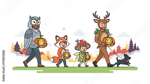 Halloween Costume Parade: A heartwarming cartoon depiction of a family and their dog dressed in whimsical woodland creature costumes, happily strolling through a vibrant autumn scene.