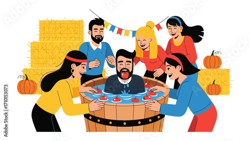 Autumn Fun: Illustration depicts people enjoying an autumn activity: bobbing for apples in a water-filled barrel. Surrounded by pumpkins and bales of hay, the scene is one of festive energy.