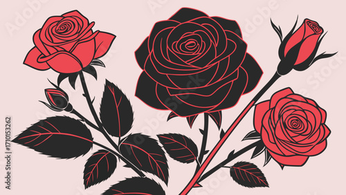 Stylized Red and Black Roses Floral Design Botanical Illustration Flower Bouquet Vintage Style Graphic Vector Art.