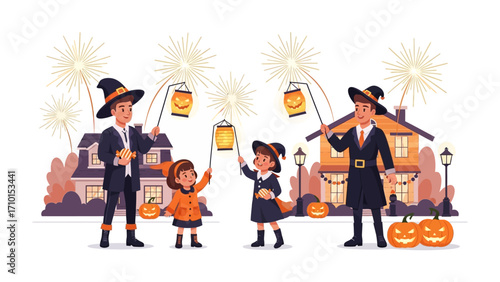 Halloween Family Celebration: A festive illustration of a family celebrating Halloween. They are gathered together, holding lanterns.