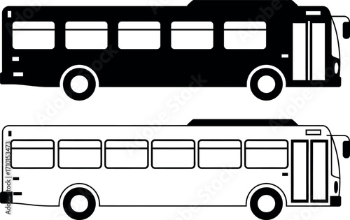 Black and white bus icons for transportation and travel themes