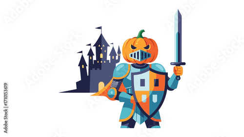 Pumpkin Knight with Sword: A brave pumpkin knight in full armor, wielding a sword, stands defiantly before a towering castle on a mysterious and adventurous journey. A visual feast for fantasy lovers.